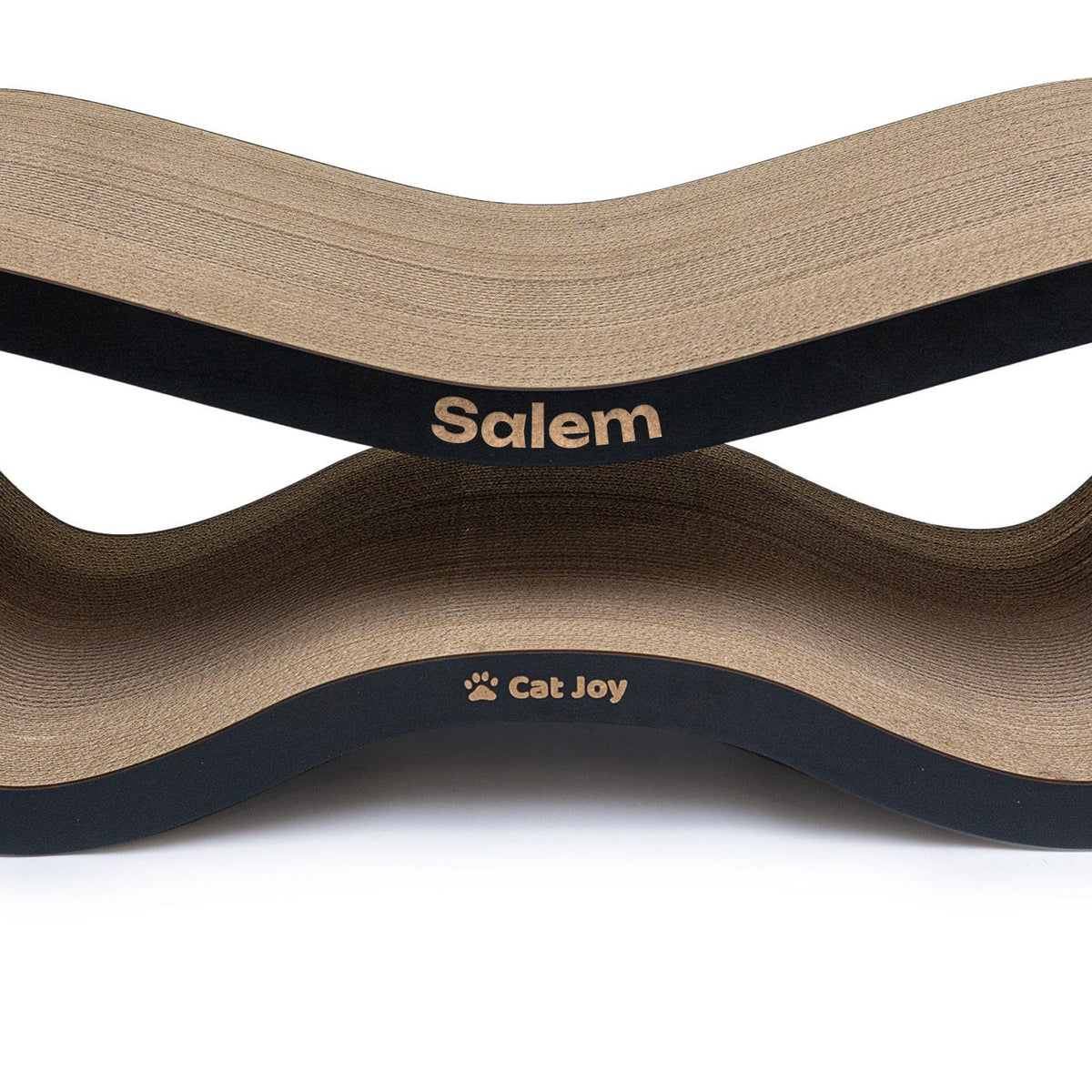 Bespoke CAT JOY scratcher in black: the name Salem engraved along the top of the facade, the CAT JOY paw below