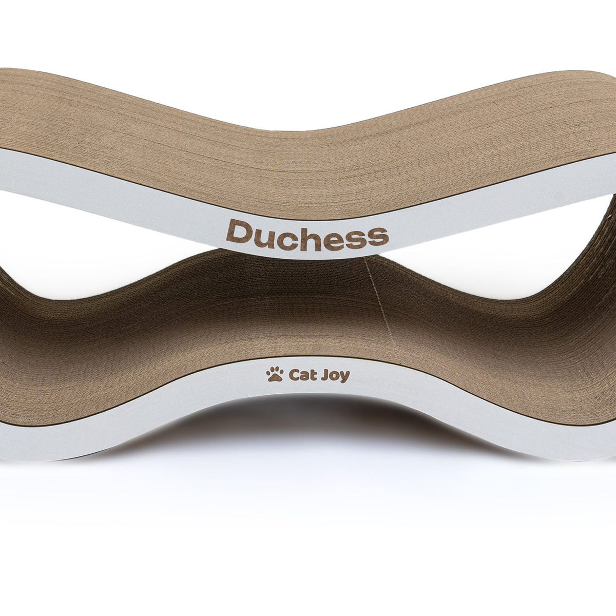 Bespoke CAT JOY scratcher in white: the name Duchess engraved along the top of the facade, the CAT JOY paw below
