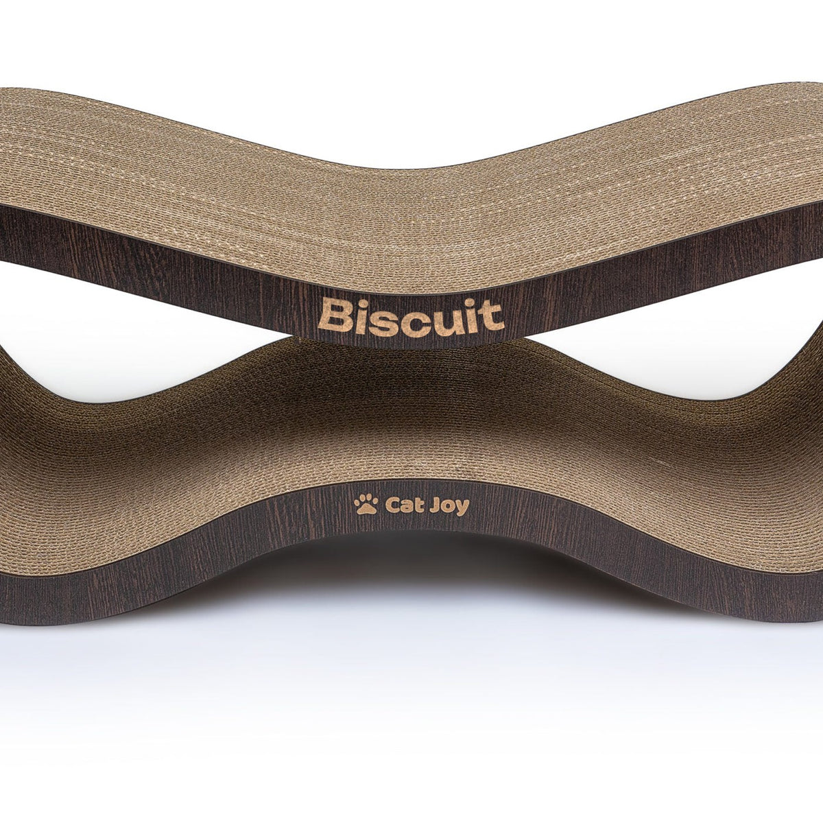 Bespoke CAT JOY scratcher in brown: the name Biscuit engraved along the top of the facade, the CAT JOY paw below